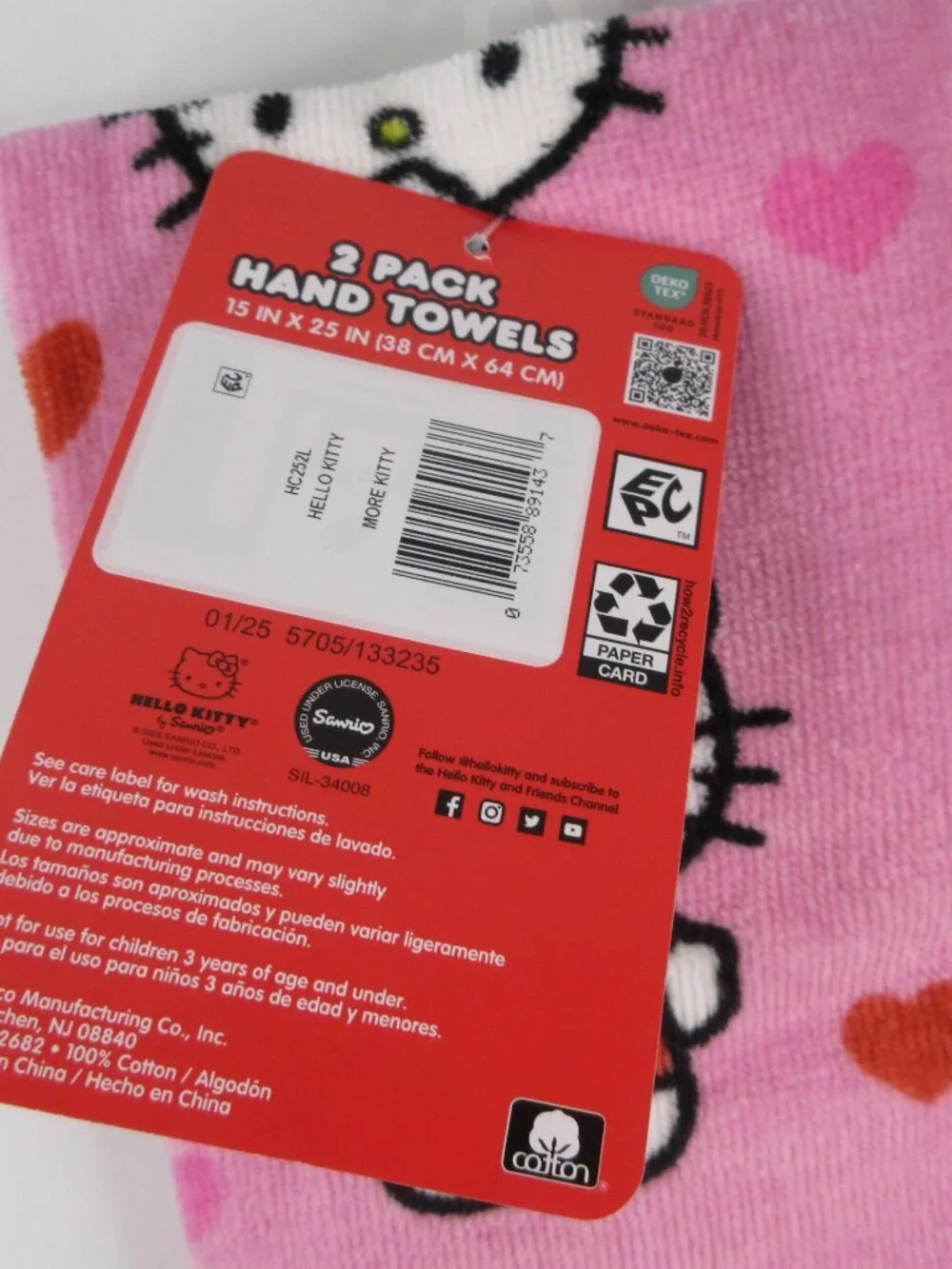 Hello Kitty Hand Towel Set 2 Pack 100% Cotton Sanrio Pink 15